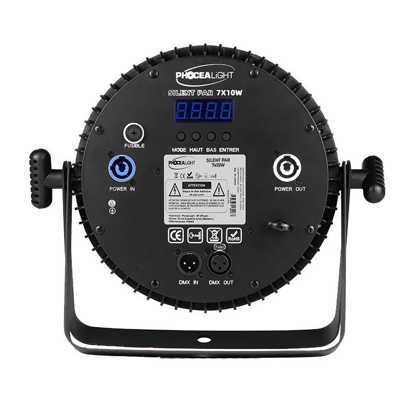 Projecteur Silent PAR LED 7x10 PHOCEA LIGHT. Compact, silencieux et puissant, idéal pour DJs débutants et prestataires événementiels.