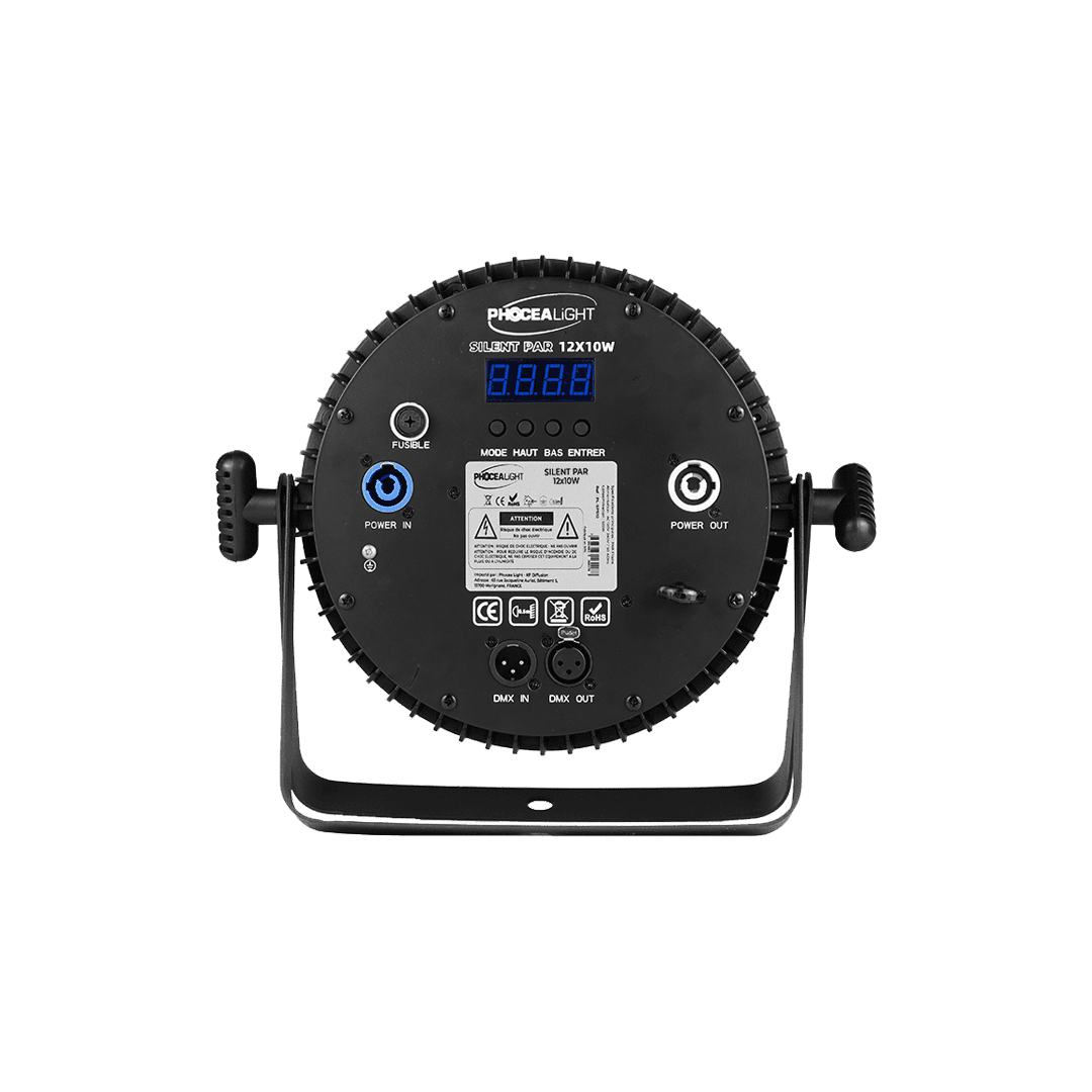 Silent Par 12x10W Phocea Light : projecteur LED RGBWAUV silencieux, compact et contrôlable en Wi-Fi ou DMX HF. Idéal pour DJ et animations.