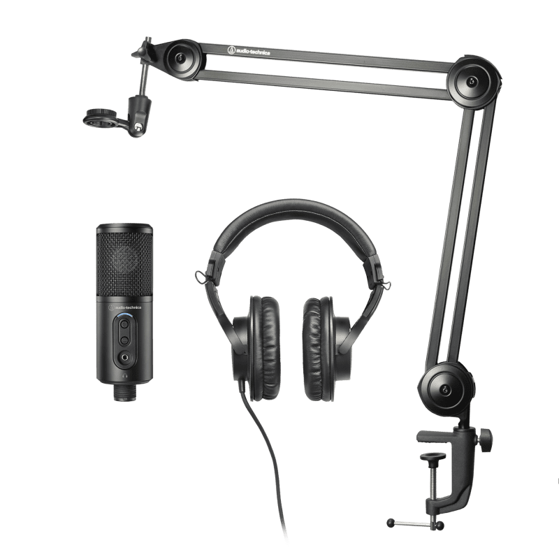 Kit streaming Audio-Technica : micro ATR2500x-USB, casque ATH-M20x et accessoires pour un enregistrement clair et professionnel dès la sortie de boîte.
