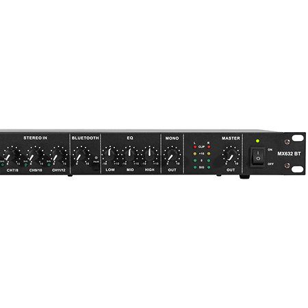 Le MX632 BT mixeur rackable offre 6 canaux, Bluetooth, XLR et alimentation fantôme. Compact et pro, idéal bars, conférences et installations fixes.
