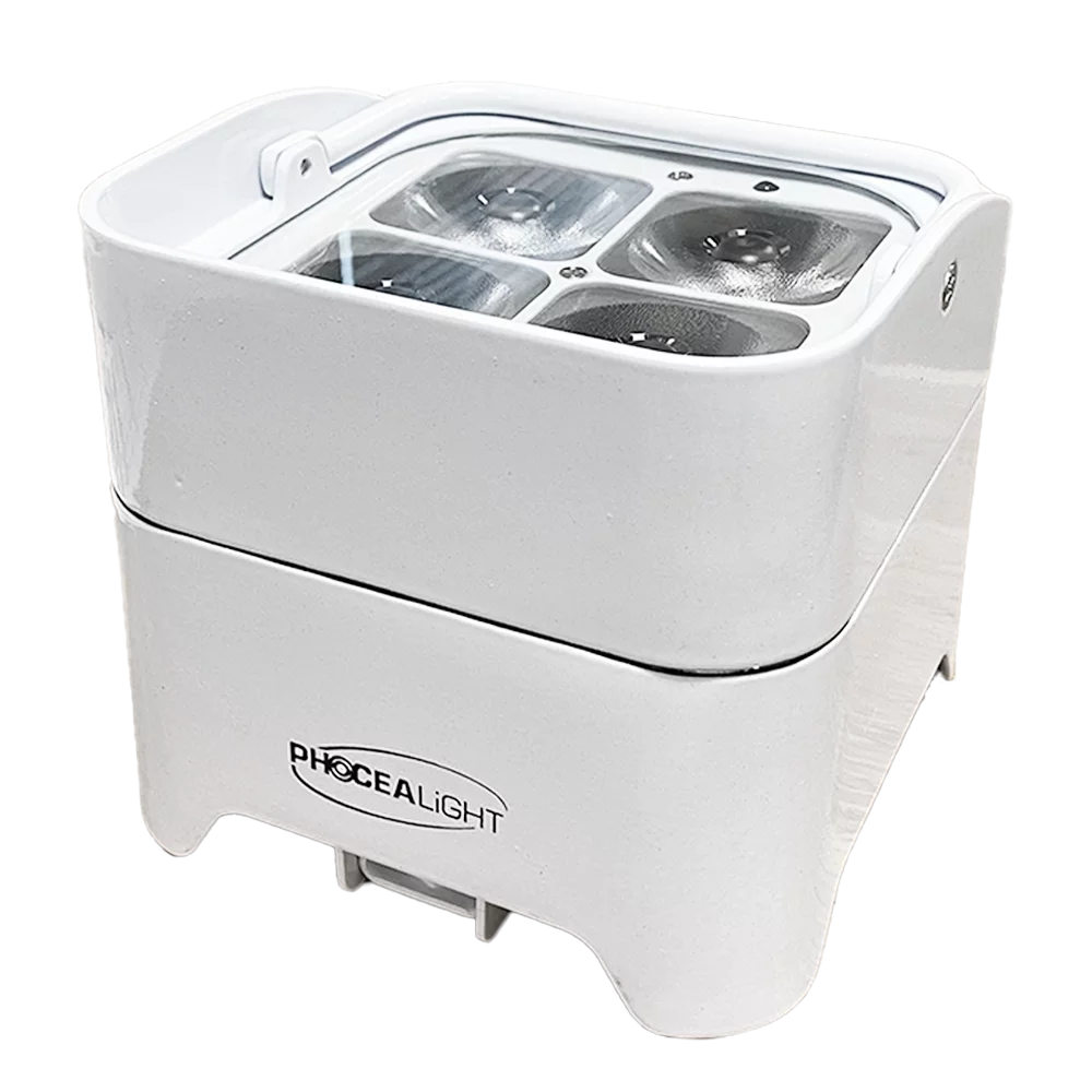 Box 4 IP LED Batterie 4x18W RGBWA+UV, autonomie jusqu’à 20h, IP65. Idéal DJ, scènes, terrasses et événements intérieurs/extérieur.