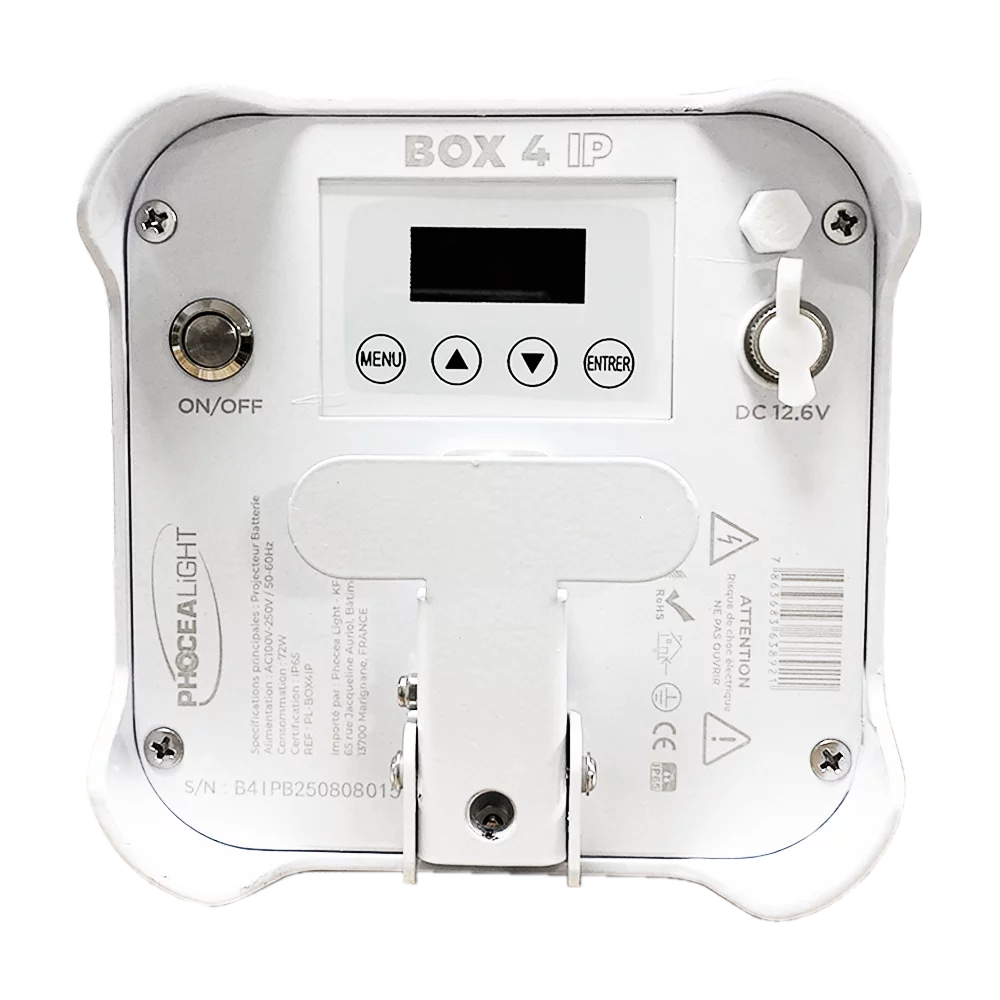 Box 4 IP LED Batterie 4x18W RGBWA+UV, autonomie jusqu’à 20h, IP65. Idéal DJ, scènes, terrasses et événements intérieurs/extérieur.