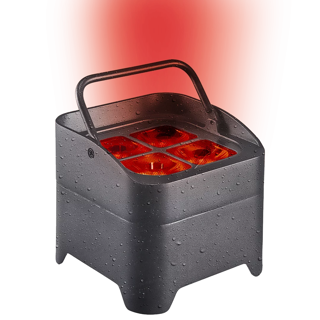 Box 4 IP LED Batterie 4x18W RGBWA+UV, autonomie jusqu’à 20h, IP65. Idéal DJ, scènes, terrasses et événements intérieurs/extérieur.