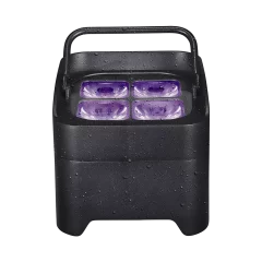 Box 4 IP LED Batterie 4x18W RGBWA+UV, autonomie jusqu’à 20h, IP65. Idéal DJ, scènes, terrasses et événements intérieurs/extérieur.