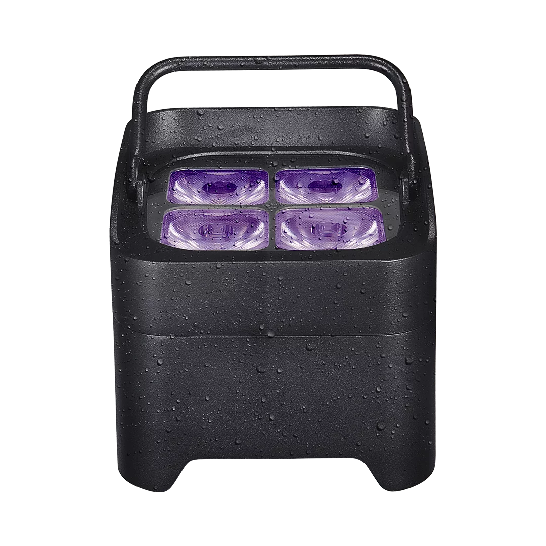 Box 4 IP LED Batterie 4x18W RGBWA+UV, autonomie jusqu’à 20h, IP65. Idéal DJ, scènes, terrasses et événements intérieurs/extérieur.