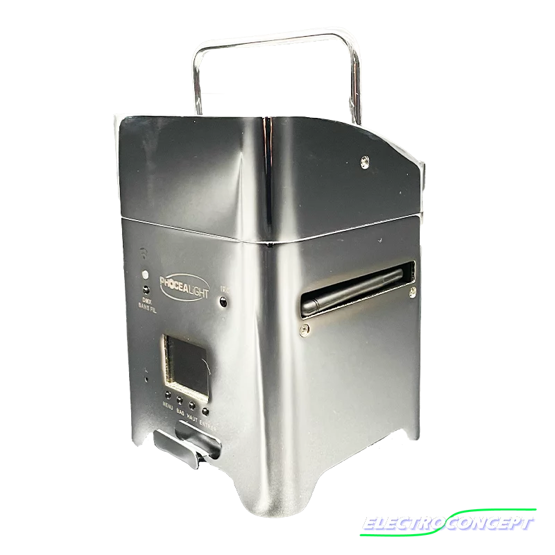 Box LEDs Batterie 6x15W Chrome RGBWA+UV, contrôle DMX HF et Wi-Fi smartphone, autonomie jusqu’à 20h. Idéal DJ et événementiel.