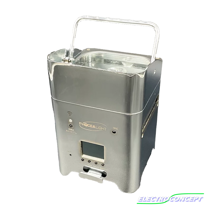 Box LEDs Batterie 6x15W Chrome RGBWA+UV, contrôle DMX HF et Wi-Fi smartphone, autonomie jusqu’à 20h. Idéal DJ et événementiel.