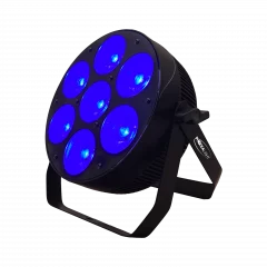 COB 7x30W RGB projecteur LED 3en1 avec angle 140°. Idéal DJ, scène et événements. Contrôle DMX, musical et automatique.