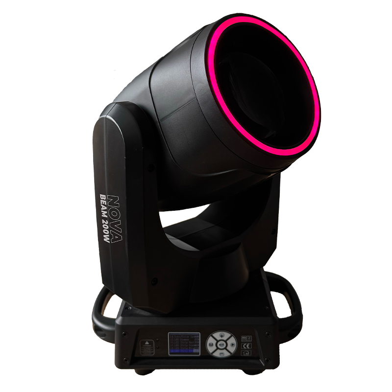 Lyre NOVA BEAM 200W LED Beam avec anneau RGB, 16 gobos et prismes 24 facettes. Idéale pour DJ, concerts et événements privés.