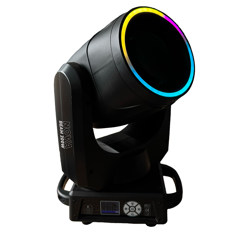 Lyre NOVA BEAM 200W LED Beam avec anneau RGB, 16 gobos et prismes 24 facettes. Idéale pour DJ, concerts et événements privés.