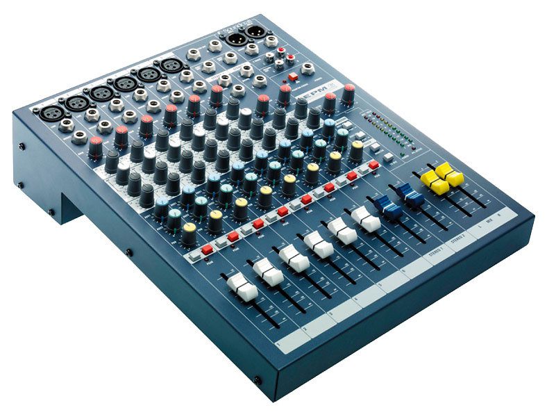 Console mixage professionnelle Soundcraft EPM6 avec 6 voies mono, EQ 3 bandes à médium variable et 2 Aux. Idéale pour live et installation.