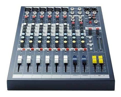 Console mixage professionnelle Soundcraft EPM6 avec 6 voies mono, EQ 3 bandes à médium variable et 2 Aux. Idéale pour live et installation.