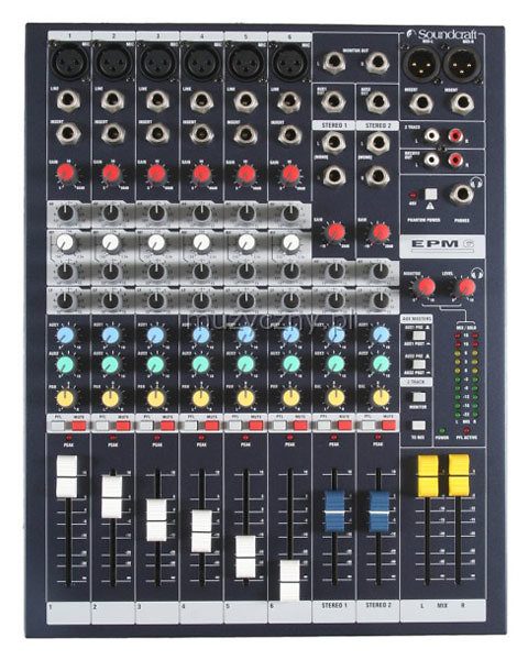 Console mixage professionnelle Soundcraft EPM6 avec 6 voies mono, EQ 3 bandes à médium variable et 2 Aux. Idéale pour live et installation.