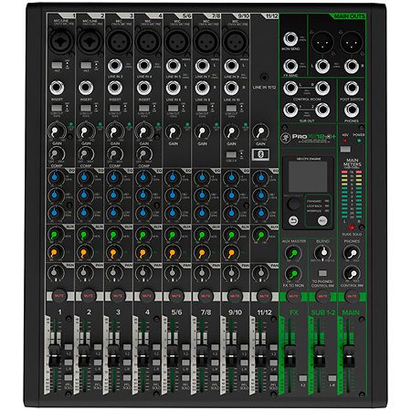 Console mixage USB-C Mackie ProFX12 v3+ avec préamplis Onyx, Bluetooth, effets GigFX+ et interface 24bit/192kHz. Idéale pour live, streaming et studio.
