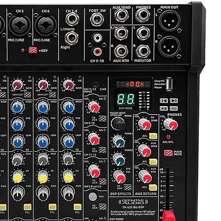 Console mixage 12 canaux Definitive Audio TM 633 BU-DSP avec Bluetooth, USB et DSP 99 effets. Idéale pour live, studio et prestations DJ.
