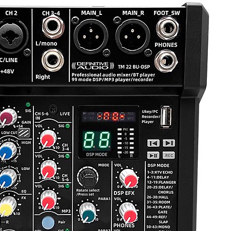 Console mixage 5 canaux Definitive Audio TM 22 BU-DSP avec Bluetooth, USB et DSP 99 effets. Idéale pour live, podcast et home studio.