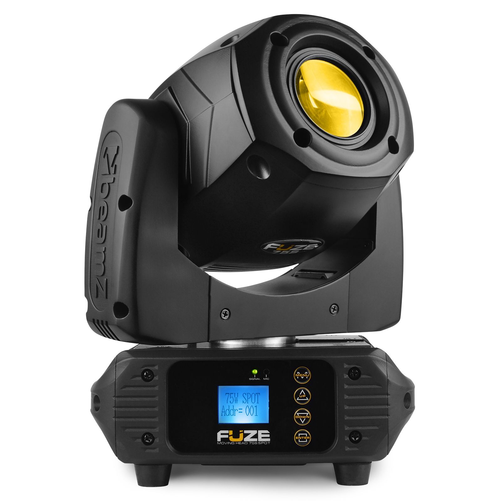 Lyre Spot LED 75W Fuze75S avec gobos rotatifs, prisme 3 facettes et DMX. Idéale pour DJ, clubs, bars et installations lumière.