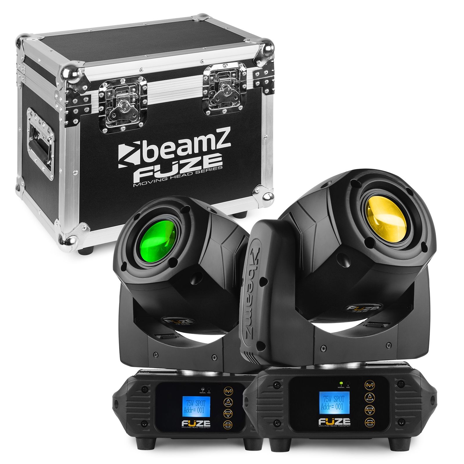 Lyre Spot LED 75W Fuze75S en set de 2 avec flightcase. Gobos rotatifs, prisme 3 facettes et DMX pour scènes, DJ et événements.