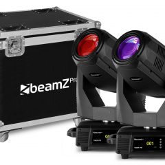 Lyre Beam Spot 350W Tiger 17R en set de 2 avec flightcase. Gobos rotatifs, prismes, DMX et lampe 17R haute intensité pour scènes et événements.