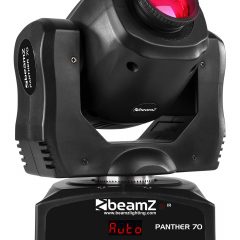 Lyre Spot LED 70W Panther 70 avec gobos, roue de couleurs et DMX. Idéale pour DJ, clubs, bars et événements. Puissante et compacte.