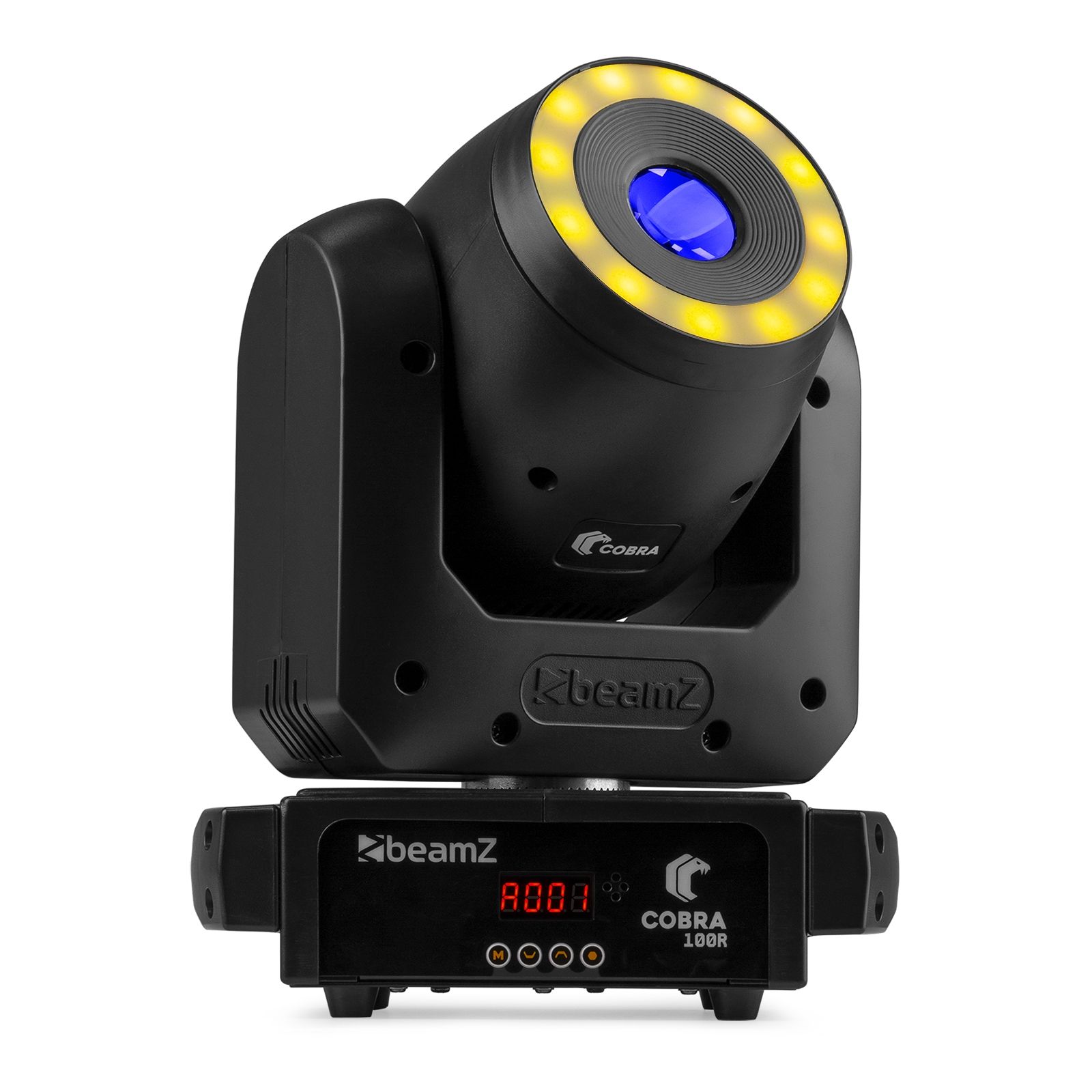 Lyre Spot LED 100W Cobra 100R avec anneau RGB, gobos, prisme 6 facettes et DMX. Idéale DJ, clubs et installations lumière.