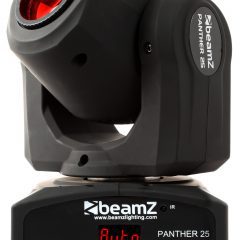 Lyre Spot LED 12W Panther 25 avec gobos, roue de couleurs et DMX. Projecteur compact idéal pour DJ, bars et petites scènes.