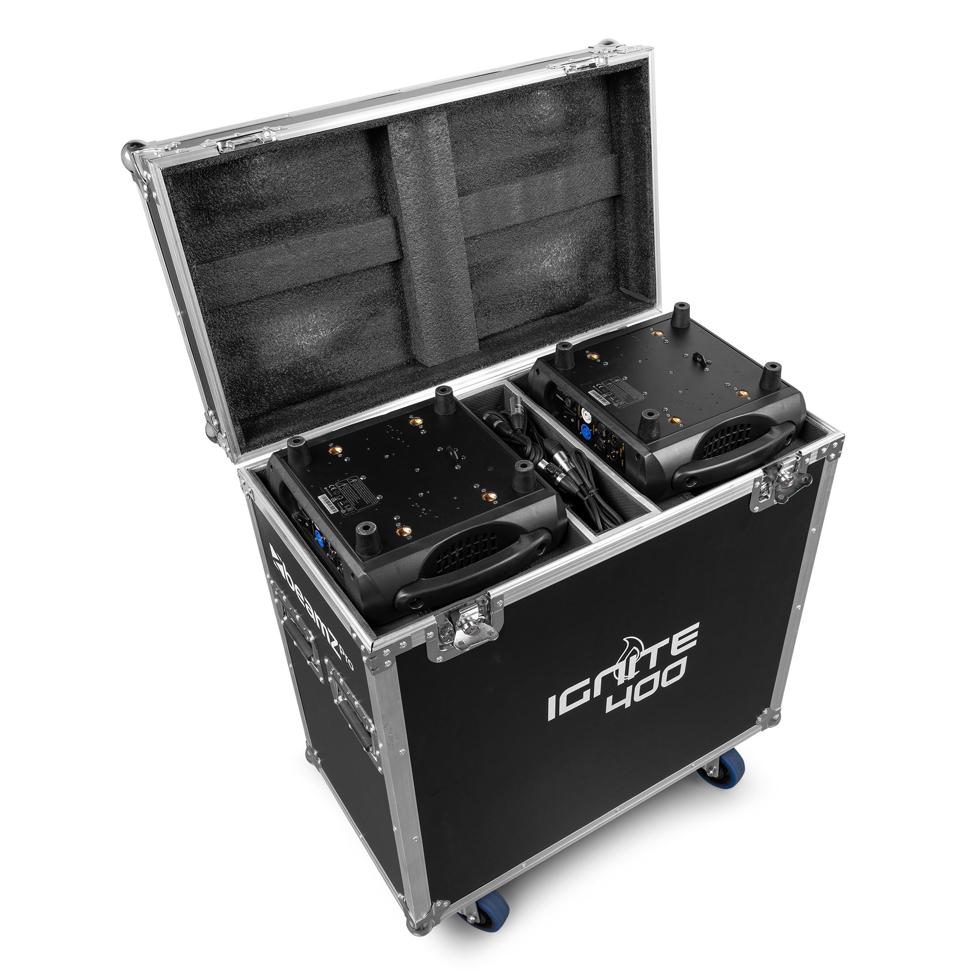 Set de 2 lyres LED 400W CMY IGNITE400 en flight-case. Beam/Spot/Wash, zoom, prismes 3+5 facettes, gobos interchangeables.