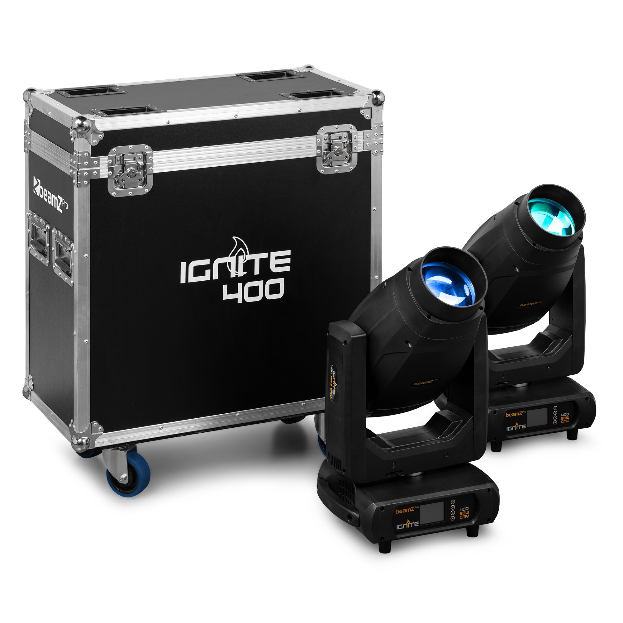 Set de 2 lyres LED 400W CMY IGNITE400 en flight-case. Beam/Spot/Wash, zoom, prismes 3+5 facettes, gobos interchangeables.