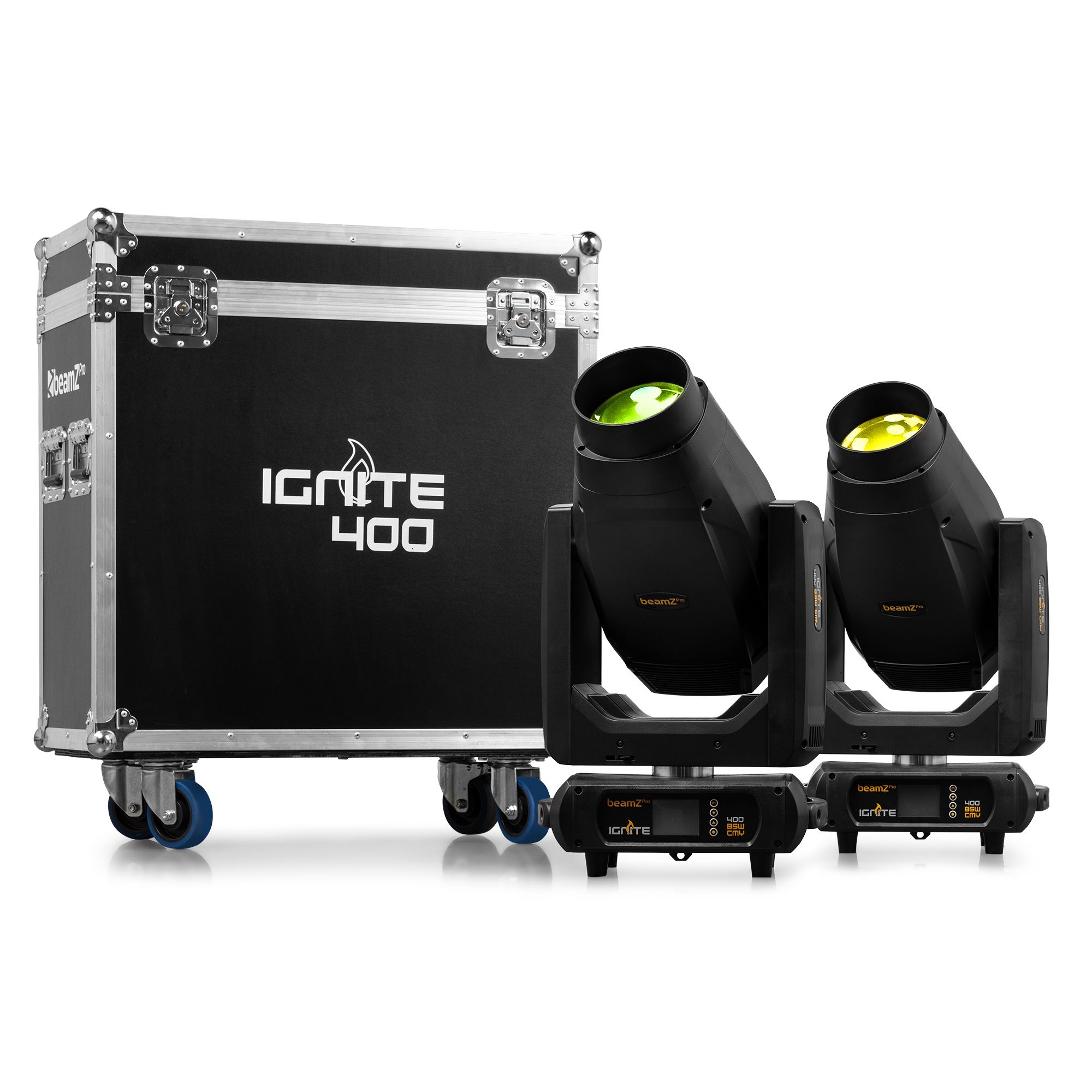 Set de 2 lyres LED 400W CMY IGNITE400 en flight-case. Beam/Spot/Wash, zoom, prismes 3+5 facettes, gobos interchangeables.