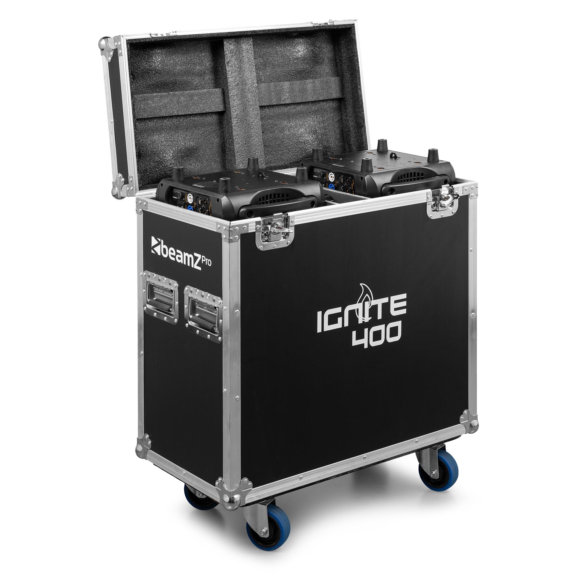 Set de 2 lyres LED 400W CMY IGNITE400 en flight-case. Beam/Spot/Wash, zoom, prismes 3+5 facettes, gobos interchangeables.