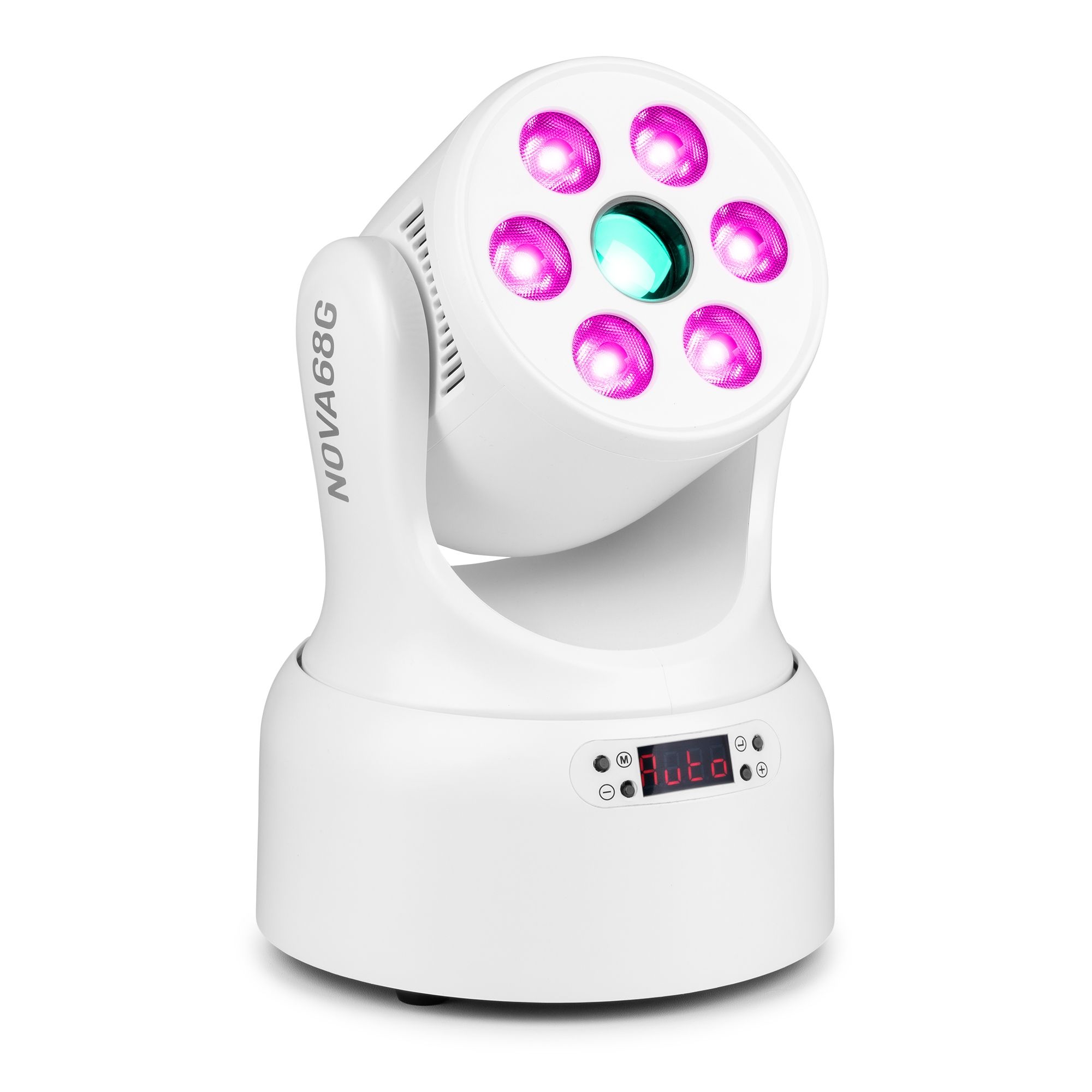 Mini lyre Wash Gobo NOVA68G-WH 6x8W RGBW + 30W blanc. DMX, 7 gobos, 7 couleurs, compacte et puissante pour DJ, clubs et scènes mobiles.